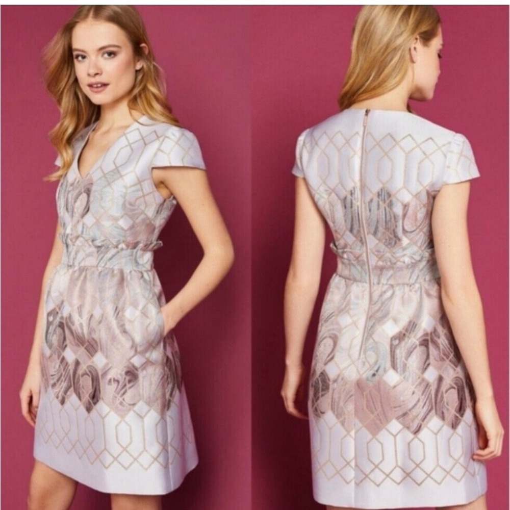 Ted Baker London Ingrida Silver Jacquard Dress Rose Gold Geometric Pink Sz 1 S